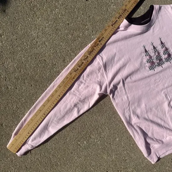 Vintage Coquette Whimsy Pale Pink Black plaid Christmas Tree Crewneck Sweatshirt - Picture 8 of 8